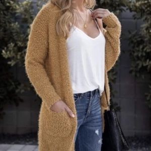 popcorn women knit cover up jacket with pockets mustard